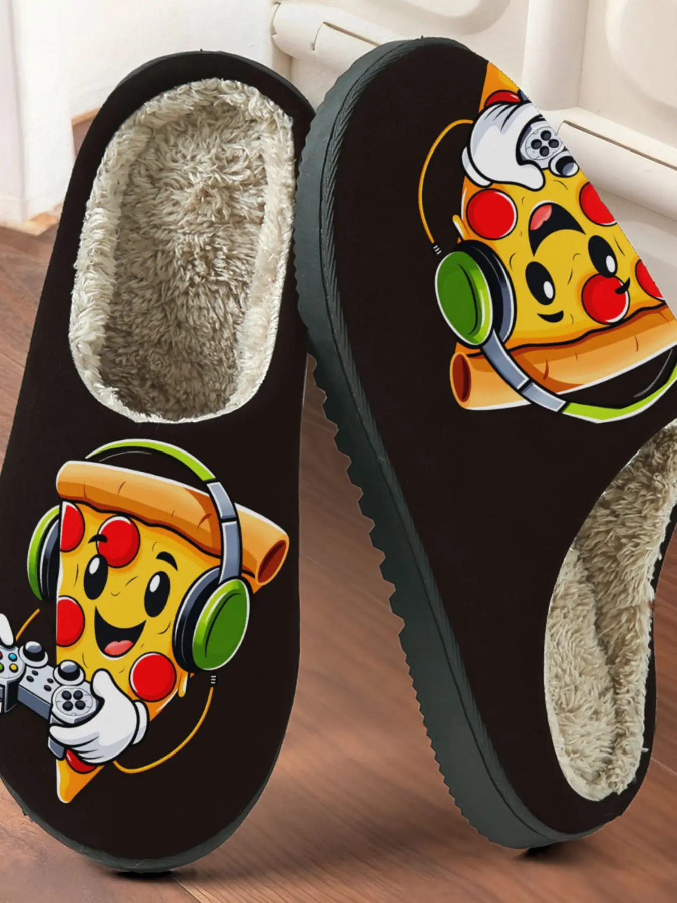 Funny Pizza Character Cotton Slippers, Anti-Slip Thick Sole, Warm Home Shoes for Fall & Winter, Casual Asymmetrical Design