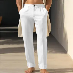 Men's linen solid color fashion street diagonal pocket breathable straight casual trousers