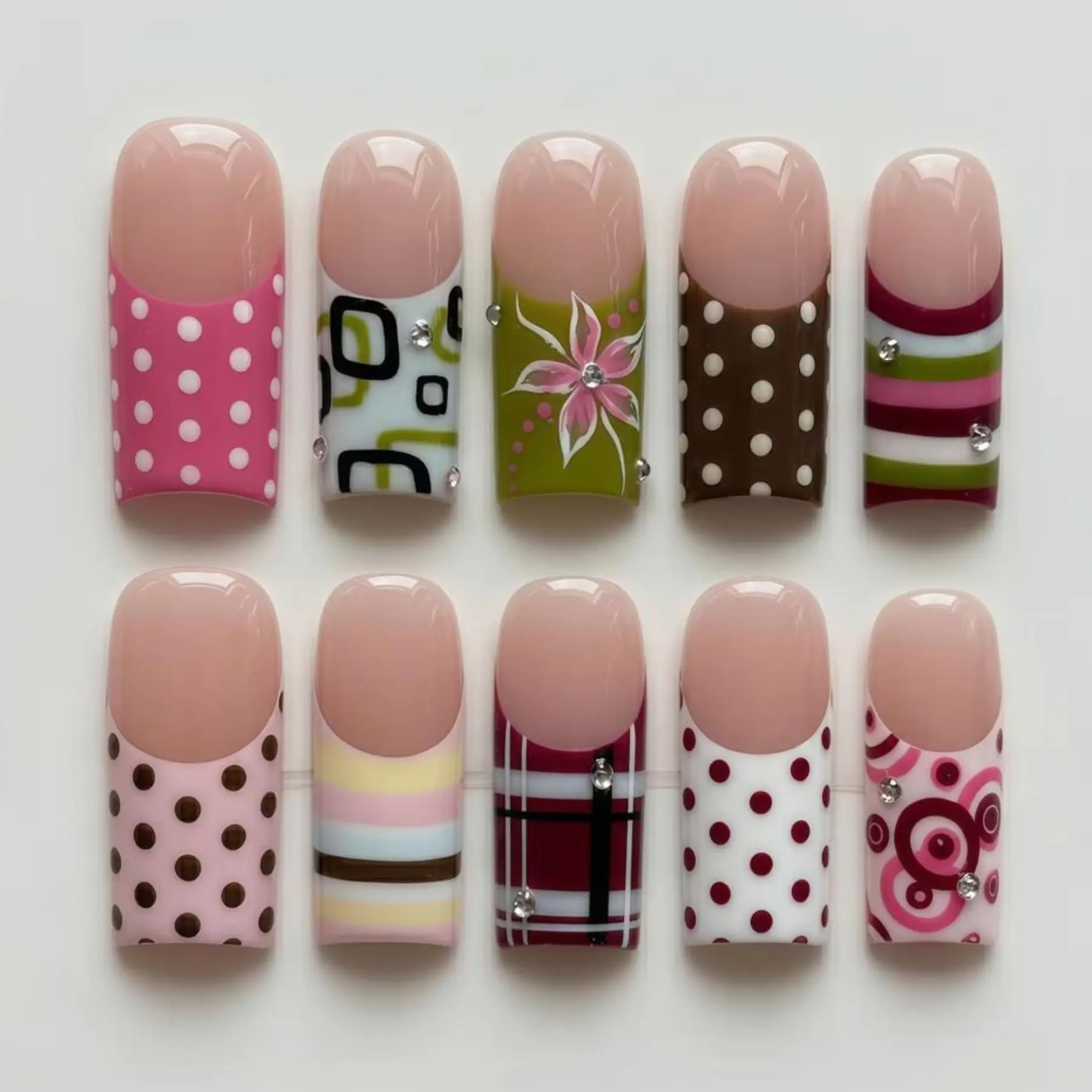 Cute Retro Press On Nails Handmade, Polka Dot, Floral and Color Block Stripe Design with Plaid Accent, Glossy Reusable Gel Fake Nails, Vintage Y2K Style