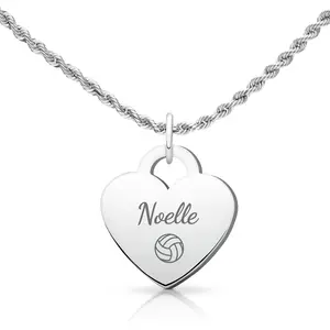 Personalized Silver Rope Heart Volleyball Chain Necklace - 18/20 Inch Lengths, 316L Stainless Steel, Hypoallergenic, Customizable Name Pendant