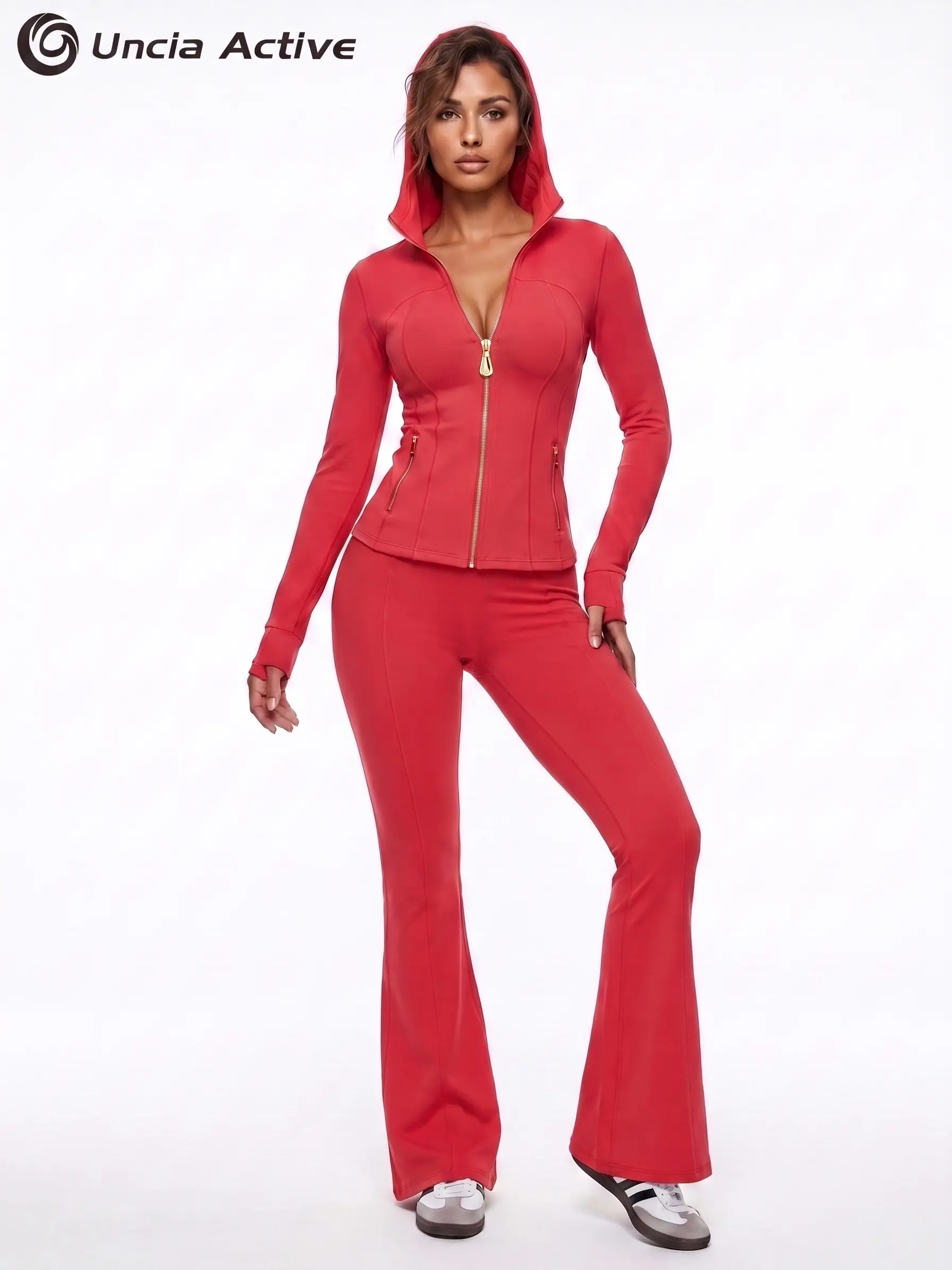 Ladies Trendy Tailored Hood Fitness Outfit, Body‑Shaping Zip‑Front Jacket, High‑Rise Silhouette‑Boost Flare Pants, Multi‑Color Athleisure for All‑Occasion Wear