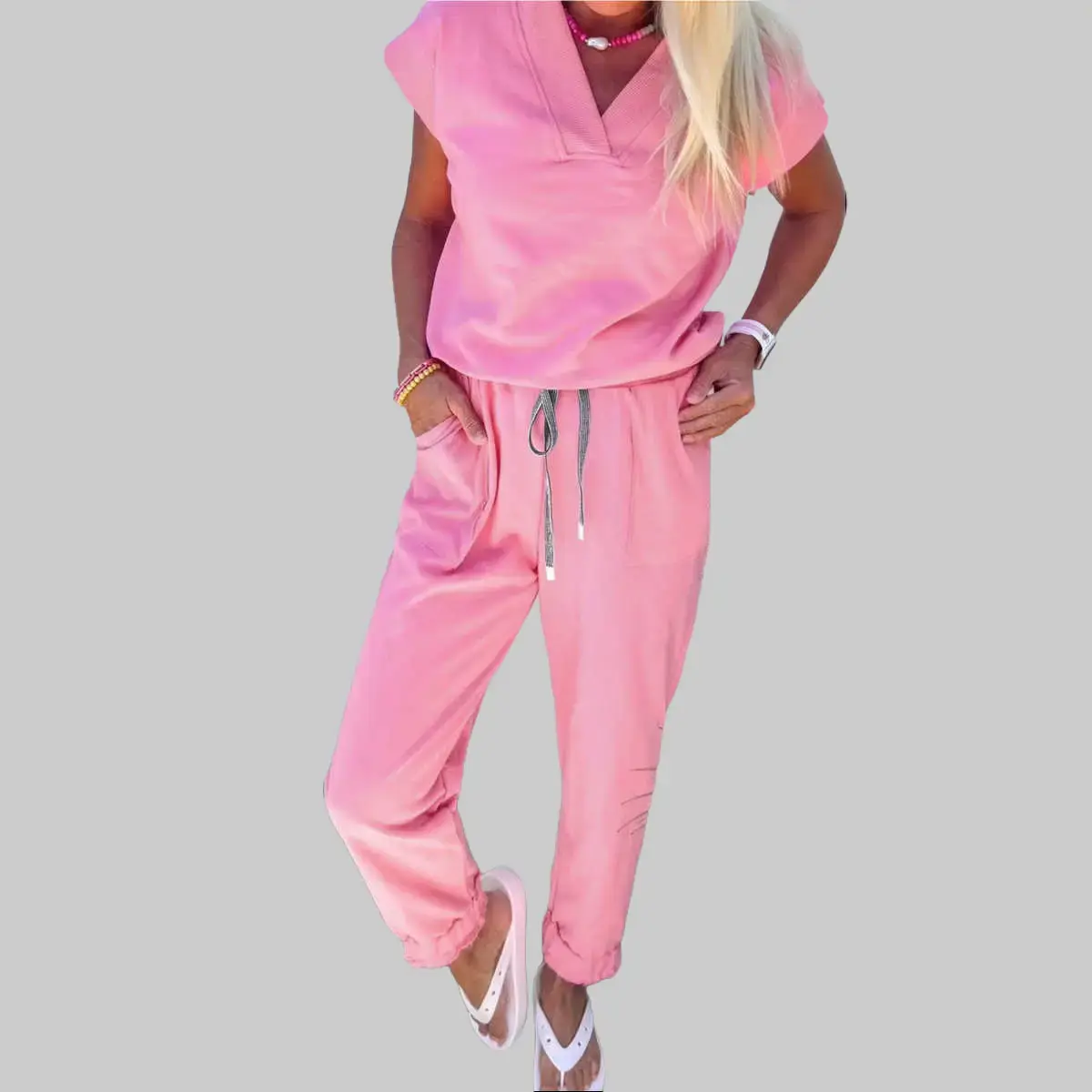 S-4X Bonbon Solid Color Cap Sleeve V Neck Tee Drawstring Jogger Pants Women's Matching Sets, Plus Size 2 Piece Sets, 20% Cotton Summer Lounge Set, Casual Sport Wear Vacation Travel Basic Clothing Sets, Pretty Girl Going Out Casual Summer Outfit