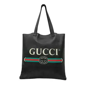 Pre-owned GUCCI Calfskin Tote Bags Printed Sherry Line Logo Tote Large Black