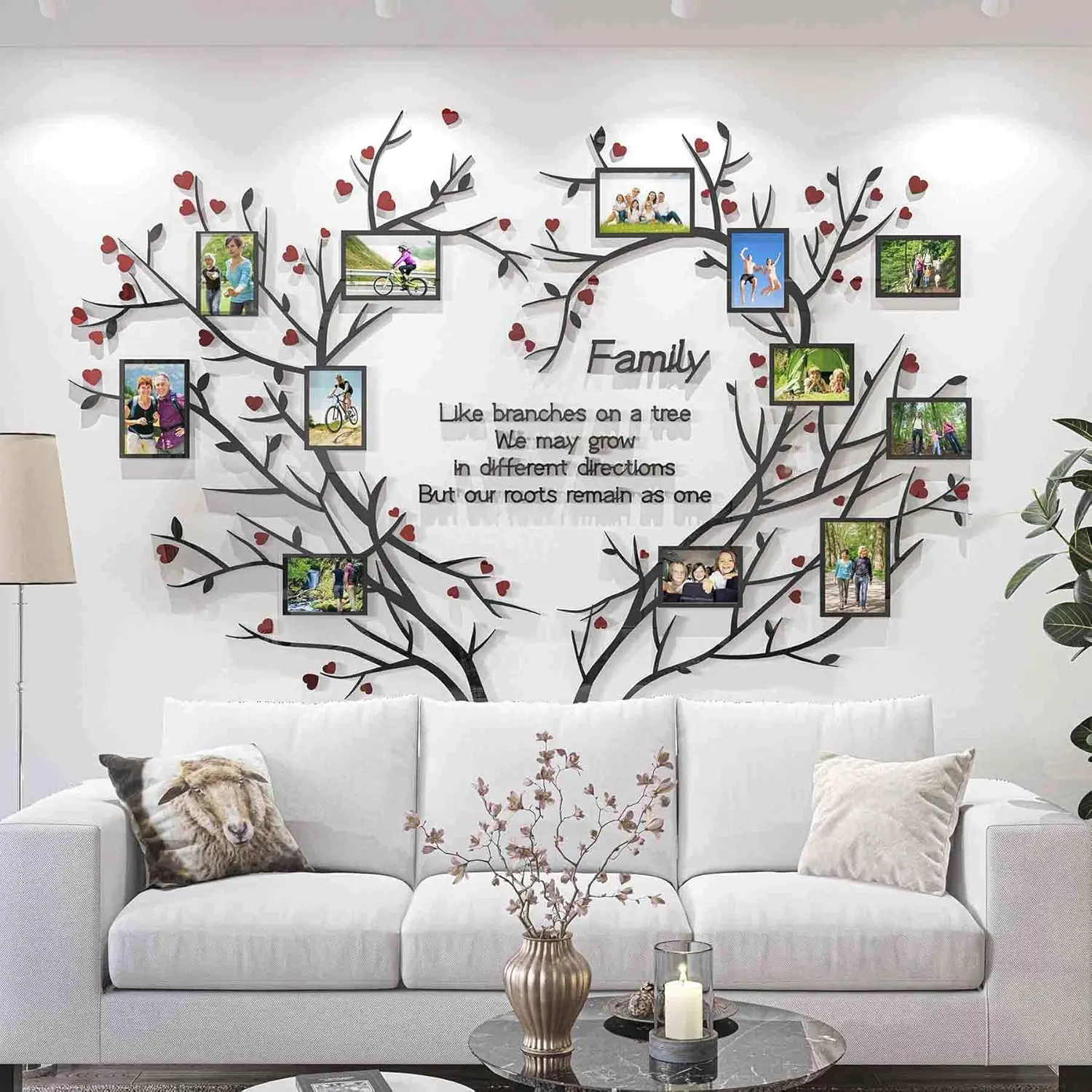 Love Family Tree Wall Decor Picture Frame Collage Removable 3D DIYWall Stickers for Living Room with Red Heart and Quote Family Like Branches on a Tree