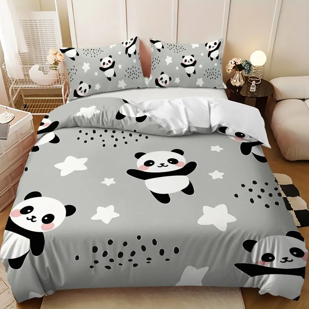 Bedding 3-piece set - 3PCS,gray and white panda and star pattern down comforter set (1 comforter cover + 2 pillowcases, filling not included). soft and comfortable, suitable for family bedrooms.