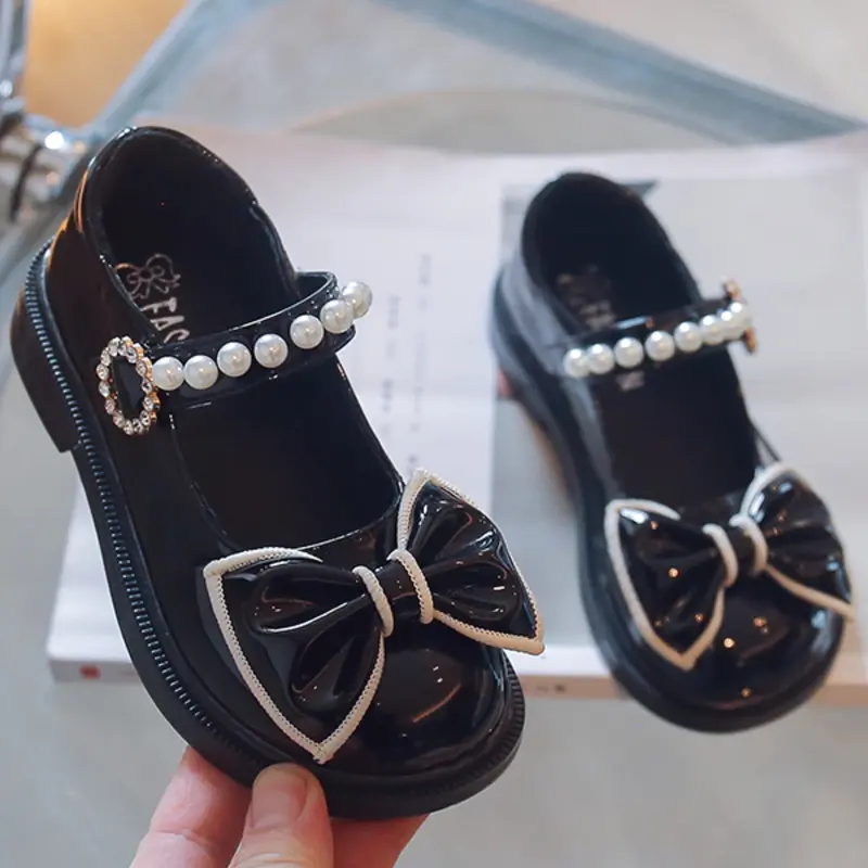 Girls' Princess Shoes Autumn New British Style Small Leather Shoes Baby Soft Sole Flat Bottom Shoes Fashion Children Mary Jane Single Shoe Bowknot Design Flats Fashionable Flats Bow Decorated Shoes