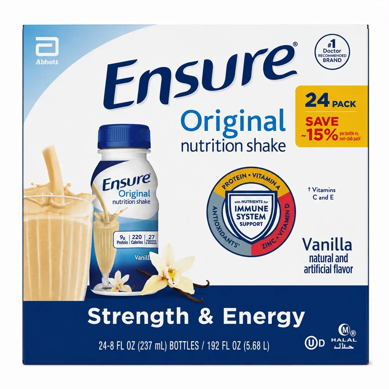Ensure Original Premium Halal Milk Beverage, 8 fl. oz Ambient High-Protein Adult Vanilla Meal Replacement Shakes with Biotin, Vitamin C, Minerals, Ready-to-Drink, 30-Pack