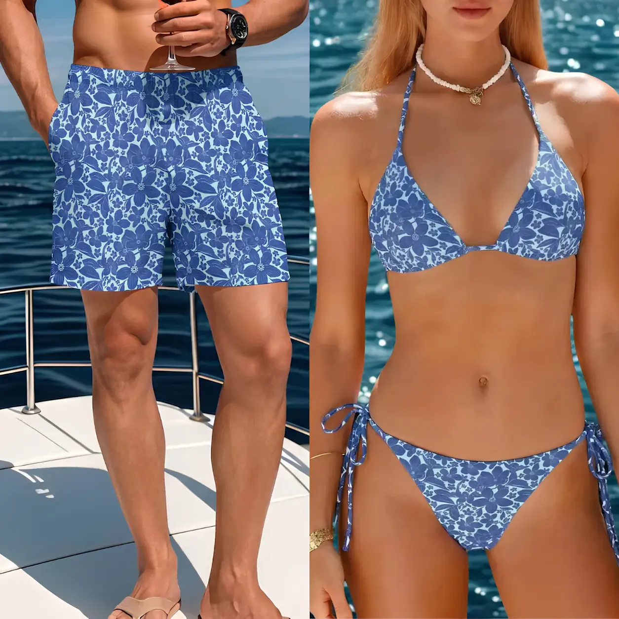 Matching Couple Blue Floral Swimwear Set – Women's Triangle Bikini & Men's Drawstring Swim Trunks