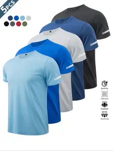 Men's Reflective Logo Print Round Neck Sports Tee, Breathable Quick-Drying Crew Neck T-Shirt, Casual Short-Sleeve Top for Gym Workout and Running, Athletic Sports Clothing, Moisture Wicking Tee