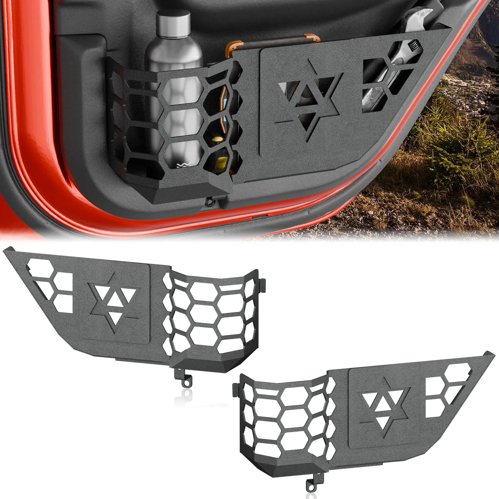 Yzona 2-Piece Rear Door Storage Pockets Box - Carbon Steel Car Organization Supplies, Rear-Mount Stowing & Tidying Side Door Insert Organizer with Molle Panels, Compatible with 2018-2026 Jeep Wrangler JL JLU 4XE, 2020-2026 Gladiator JT JL/JT Series