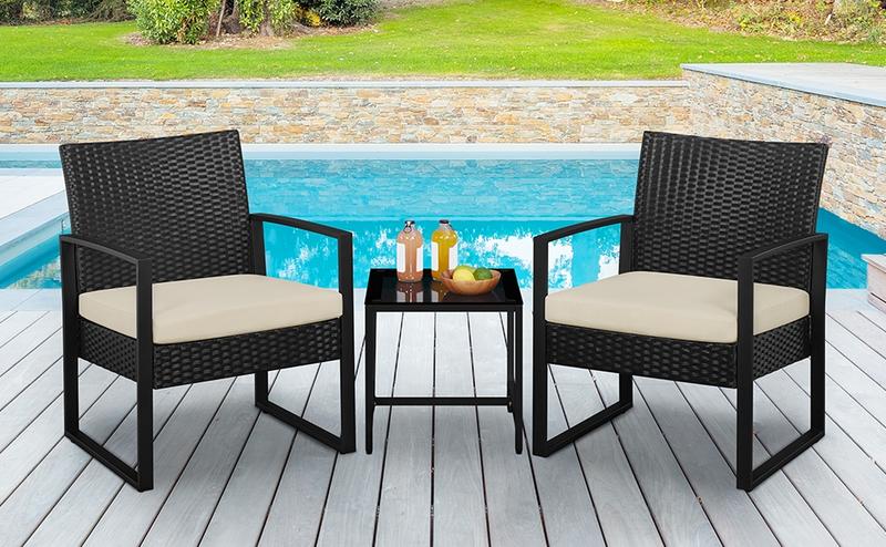 Yaheetech 3 Pieces Rattan Bistro Set, Indoor/Outdoor Wicker Patio Modern Conversation Furniture, 2 Chairs & Tempered Glass Coffee Table for Garden, Balcony, Backyard, Poolside