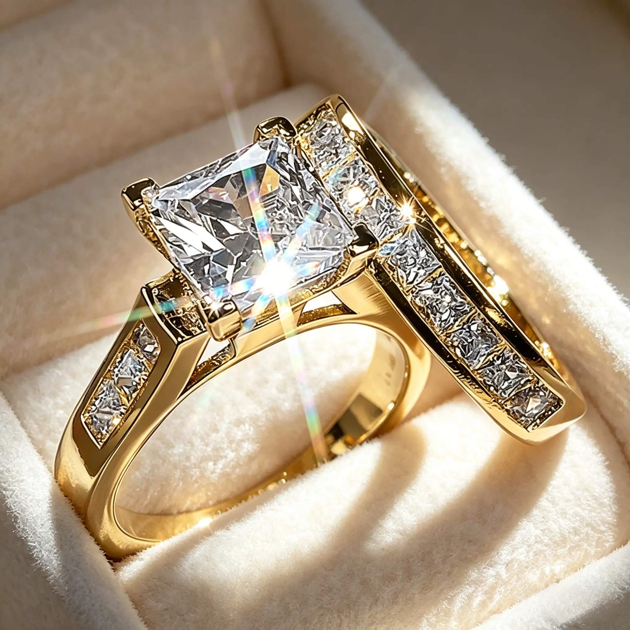 Gold Princess Cut CZ Engagement Ring Set| 2-Piece Wedding Band Set| Perfect Bridal Jewelry Gold Princess Cut CZ Engagement Ring Set| 2-Piece Wedding Band Set| Perfect Bridal Jewelry