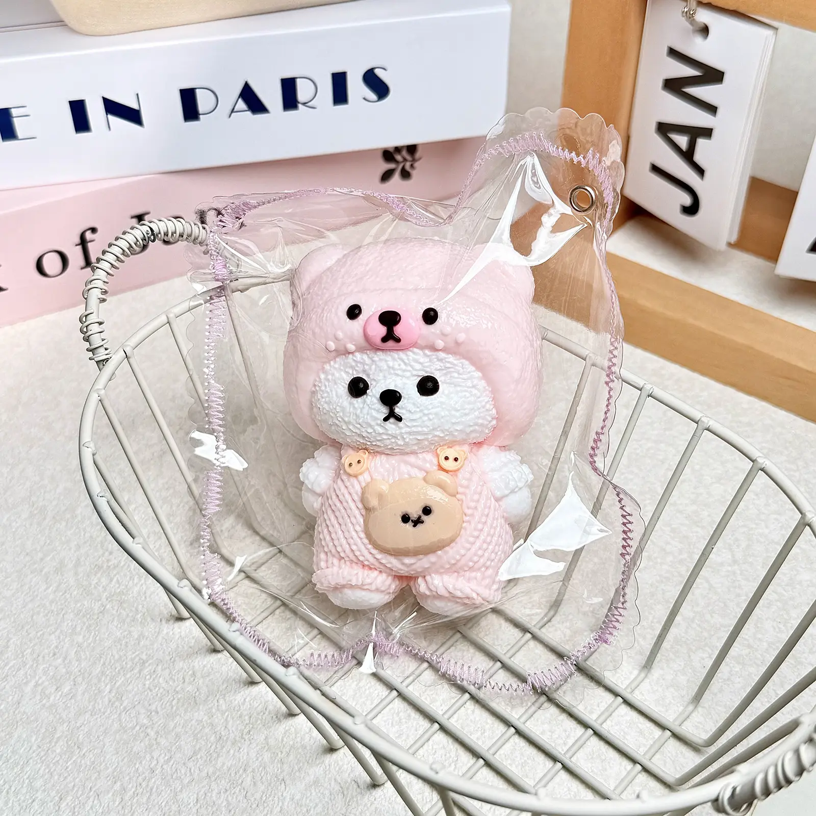 【Buy 3 Get 1 Free】Pink Overalls Bear Tabby Squishy | Food-Grade Silicone Slow Rising Handmade Sensory Toys, Non-Toxic Soft Squeeze Toy with Creamy Thick Slime Texture Stress Relief