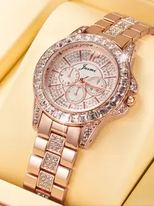 Women's Elegant Rhinestone Decor Quartz Watch, Fashion Round Dial Analog Watch for Women & Girls, Trendy All-match & Exquisite Watch for Birthday Gift, without Box, Rhinestone Decorated Watch