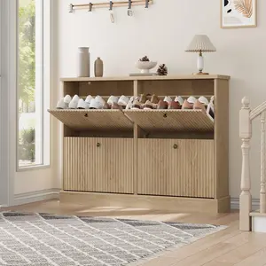 👟 4-Door Flip Shoe Cabinet – Narrow Wave Design, Adjustable Shelves – Perfect for Entryway & Hallway ✨