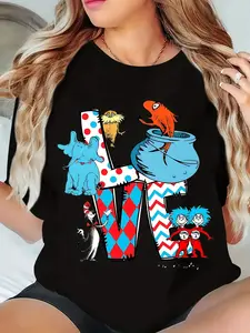 Women's T-Shirt | Dr. Seuss Inspired 'LOVE' Graphic Tee | Vibrant Character Illustrations | Round Neck, Short Sleeve | Machine Washable | Perfect for Book Lovers & Teachers | Spring/Summer Casual Wear