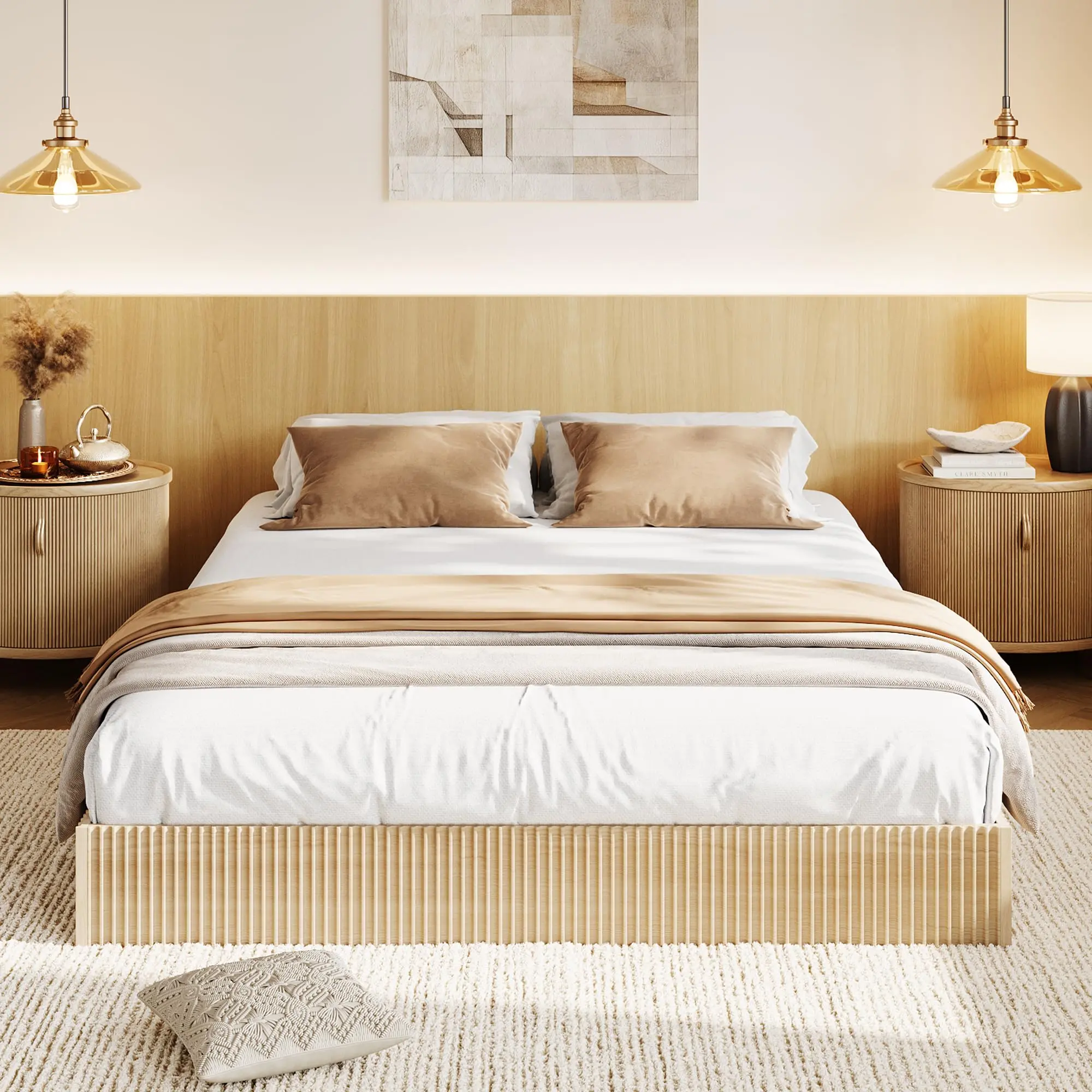 Garvee - Marco de Cama de Madera, Plataforma de Madera con diseño Estriado, Marco de Cama Individual XL con Soporte de Estudio, fácil Montaje, no Necesita somier, sin Ruido, Roble