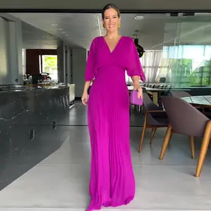 Autumn New European and American Style Solid Color V-Neck Batwing Sleeve High Waist Dress