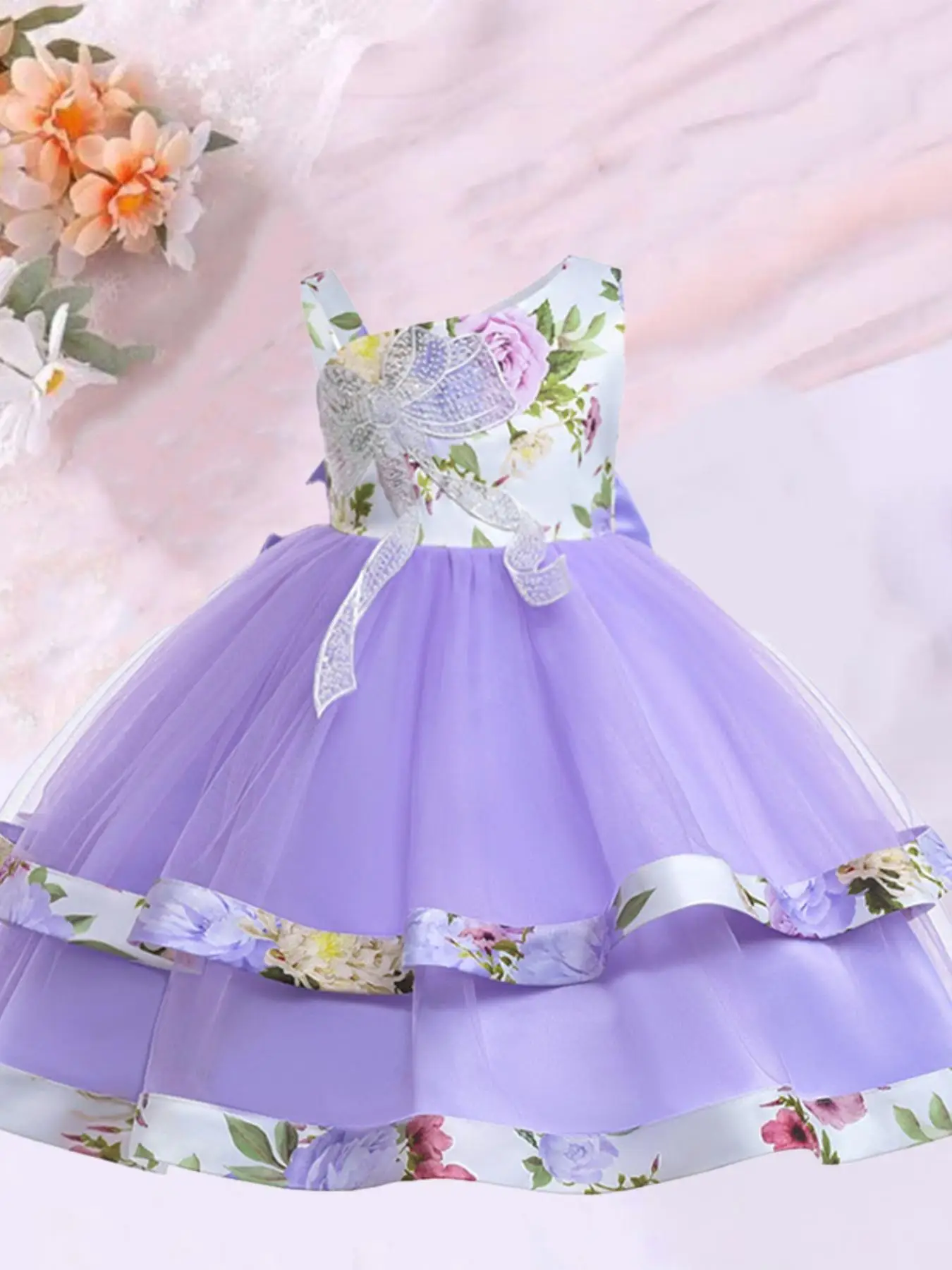 Girl's Flower Tiered Layer Big Bow Decor Wedding Party Gown, Elegant Asymmetrical Neck Sleeveless Zipper Decor Dress for Party, Kids Clothes for All S