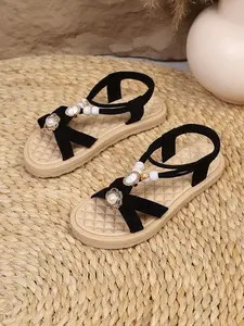 New Sweet Girl Cross Strap Pearl Flower Decorated Lightweight Soft Sole Anti-Slip Wear-Resistant Round Toe Low Top Elastic Backstrap Flat Shoes Anti Slip Sandals