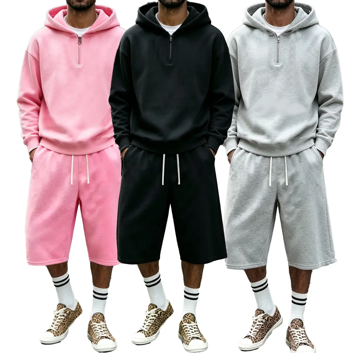 Men's 2-Piece Lightweight Athletic Outfits - Half-Zip Hoodie & Capri Pants Matching Set, Drawstring Elastic Waist, Soft Breathable Streetwear, for Workouts & Daily Wear, Athletic Tracksuits Sports Activewear Set