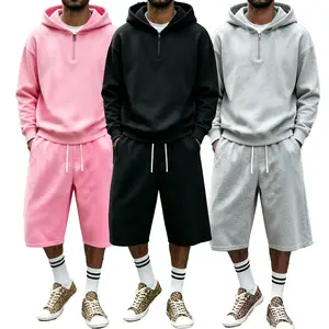 Men’s casual two-piece outfit set — half-zip hooded pullover sweatshirt + wide-leg long shorts, loose-fit athletic set with elastic waistband and drawstring design