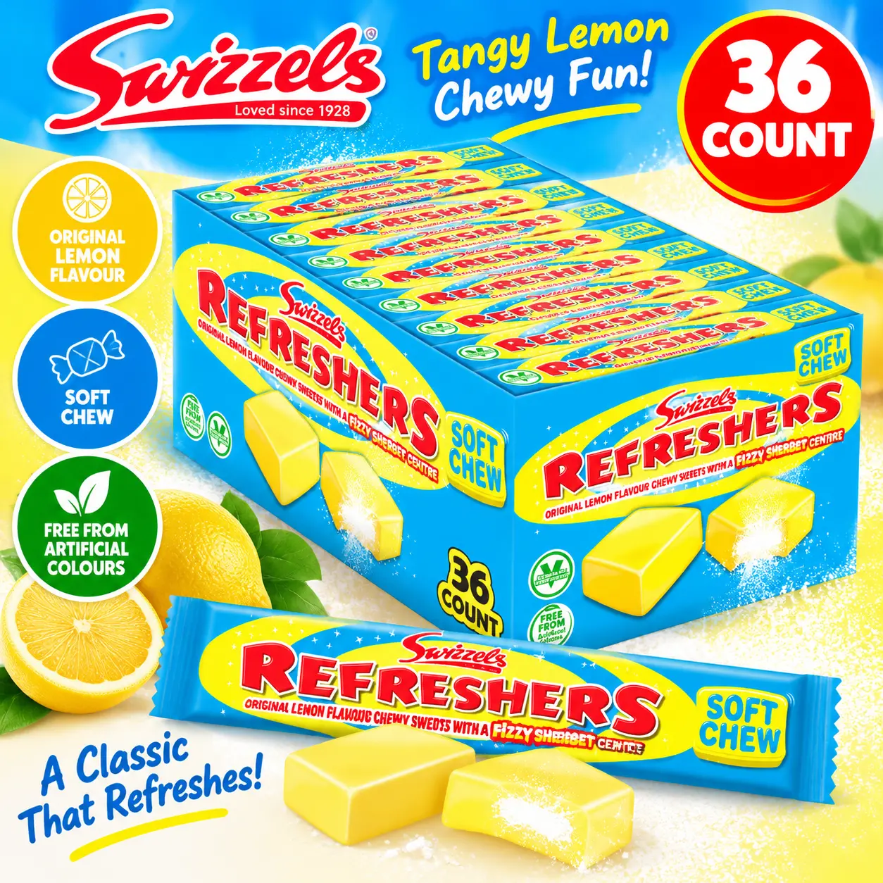 Swizzels UK Import Refresher Lemon Sherbet Chewy Bar 43g 36 Count Tray Fizzy Lemon Candy