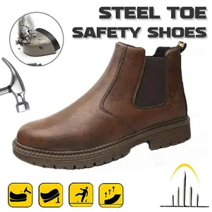 Men's Ventilated Work Shoes with Steel Toe Safety Water and Impact Resistant Brown Leather Boots