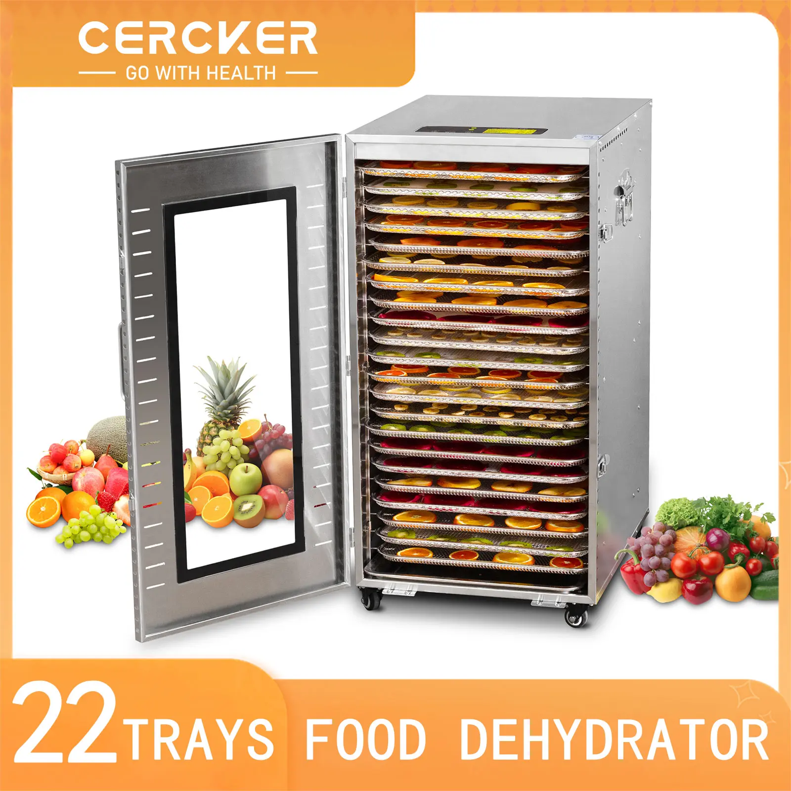Cercker Commercial Stainless Steel Food Dehydrator - Kitchen Appliances, Kitchen Supplies, 22 Dishwasher-Safe Silicone Trays, 37.5in Large Capacity, 70ºF-190ºF Temp Range, 110V AC Parallel Dual-Plug System, for Fruit, Meat Jerky