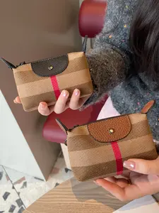 Classic Plaid Mini Wallet for Women, Vintage Striped Card Holder, Portable Lipstick Key Storage Bag, Stylish and Functional Accessory, Zipper Purse