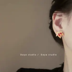 Women's Fall-Winter Red Maple Leaf Crystal Studs, Unique Exquisite Earrings
