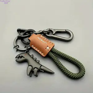 Cute Dinosaur Car Keychain with Leather Strap, Fashionable Alloy Keyring, Sandblasted Aluminum Alloy, Includes Eight Character Buckle & D-Ring for Car, Bag & Key Decor