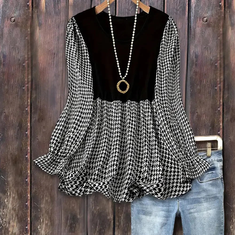 Houndstooth Print Ruffle Sleeve Top Casual Womenswear Shirts Elegance Soft Cute Fall Outfits Blouses Chic Fall Top