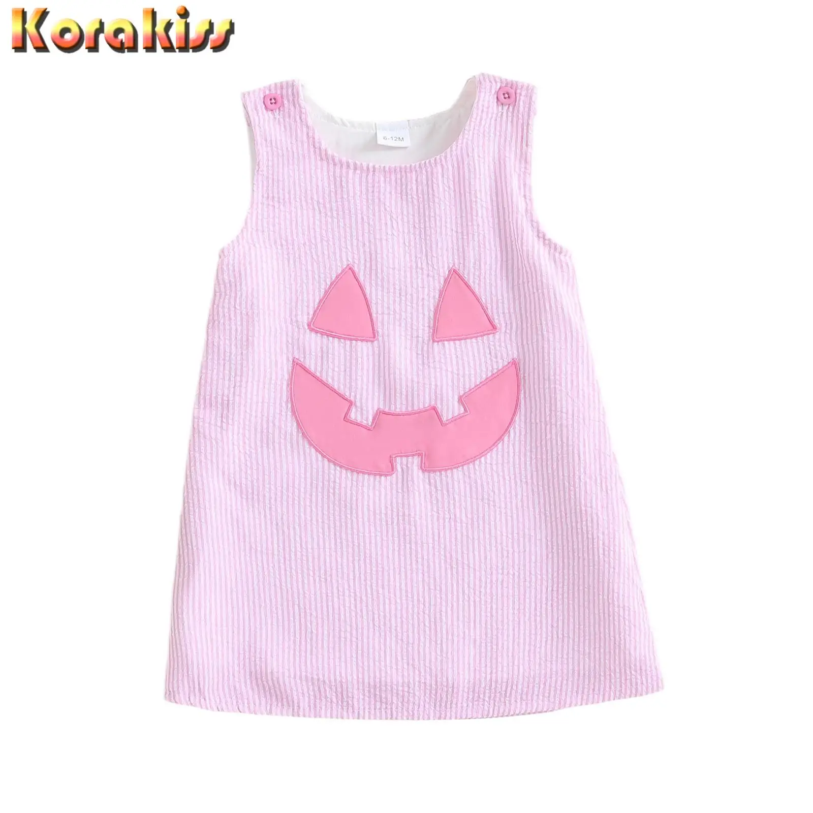 Girls Halloween Sleeveless Dress Casual Pumpkin Face Striped Print Summer Dress for Beach Party Cute Clothes