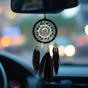 Dream Catchers for Car Small Moon Dream Cather Rear View Mirror Hanging Decor Car Charms Pendant Gift for Adults Black