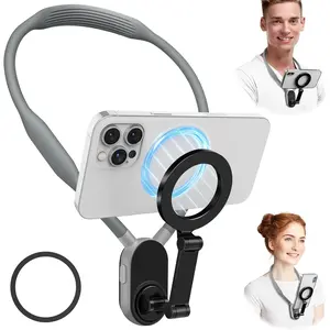 Keweis Magnetic Neck Phone Holder Cell Phone Mount, Hand Free Pov/Vlog Flexible Phone Neck Holder around Chest Stand Video Recording Fit for Iphone 15 14 13 12 Pro Max plus Mini (Grey) Keweis