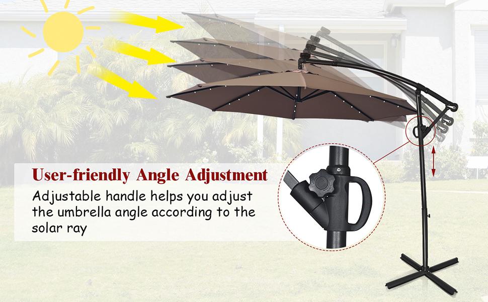 COSTWAY 10 FT 360° Rotating Solar Powered Patio Umbrella, Offset Cantilever Outdoor Umbrella with 360 Degree Rotation, Easy Tilt Adjustment, Crank Handle & Cross Base for Pool Deck Garden Backyard