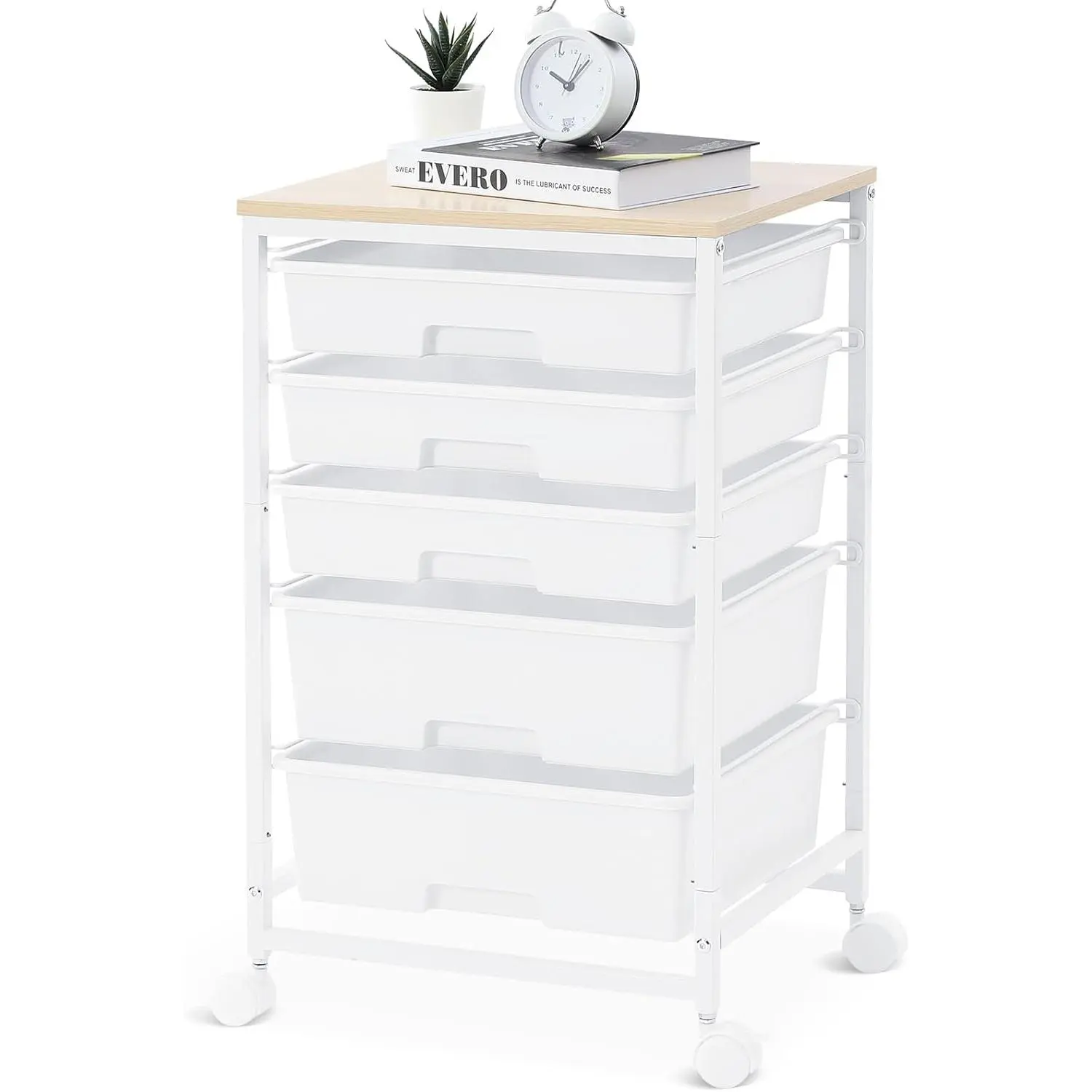 5-Tier Bright White Rolling Utility Cart with 5 Drawers Wooden Tabletop and Lockable Wheels for Storage and Craft Use