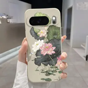 Rounded Edge Phone Case for Google Pixel 10 9 8 7 Pro A XL Elegant lotus Flowers Pattern Anti-Scratch Shockproof Soft Liquid Silicone Protective Cover Smartphone Casing