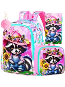 3PCS Raccoon Backpacks for Girls, 16" Kids Reflective Elementary Backpack with Lunch Box, School Bags Set for Preschool Toddler