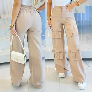 ChicMe Women's High Waist Zipper Fly Multiple Flap Pockets Design Utility Pants Casual Elastic Back Waist Wide Leg Cargo Pants