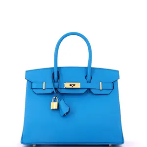 Pre-owned HERMÈS Leather Top Handle Bags Hermes Birkin Handbag Bleu Zanzibar Epsom with Gold Hardware 30 by Rebag