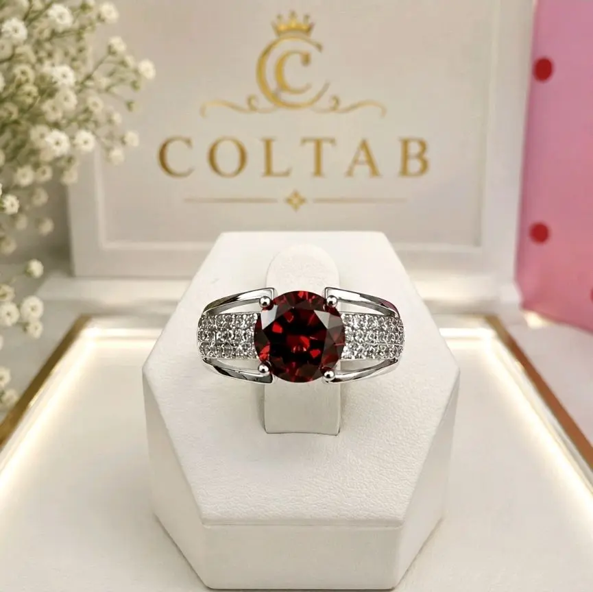 (R25) Silver Ring with Red Center Stone for Women