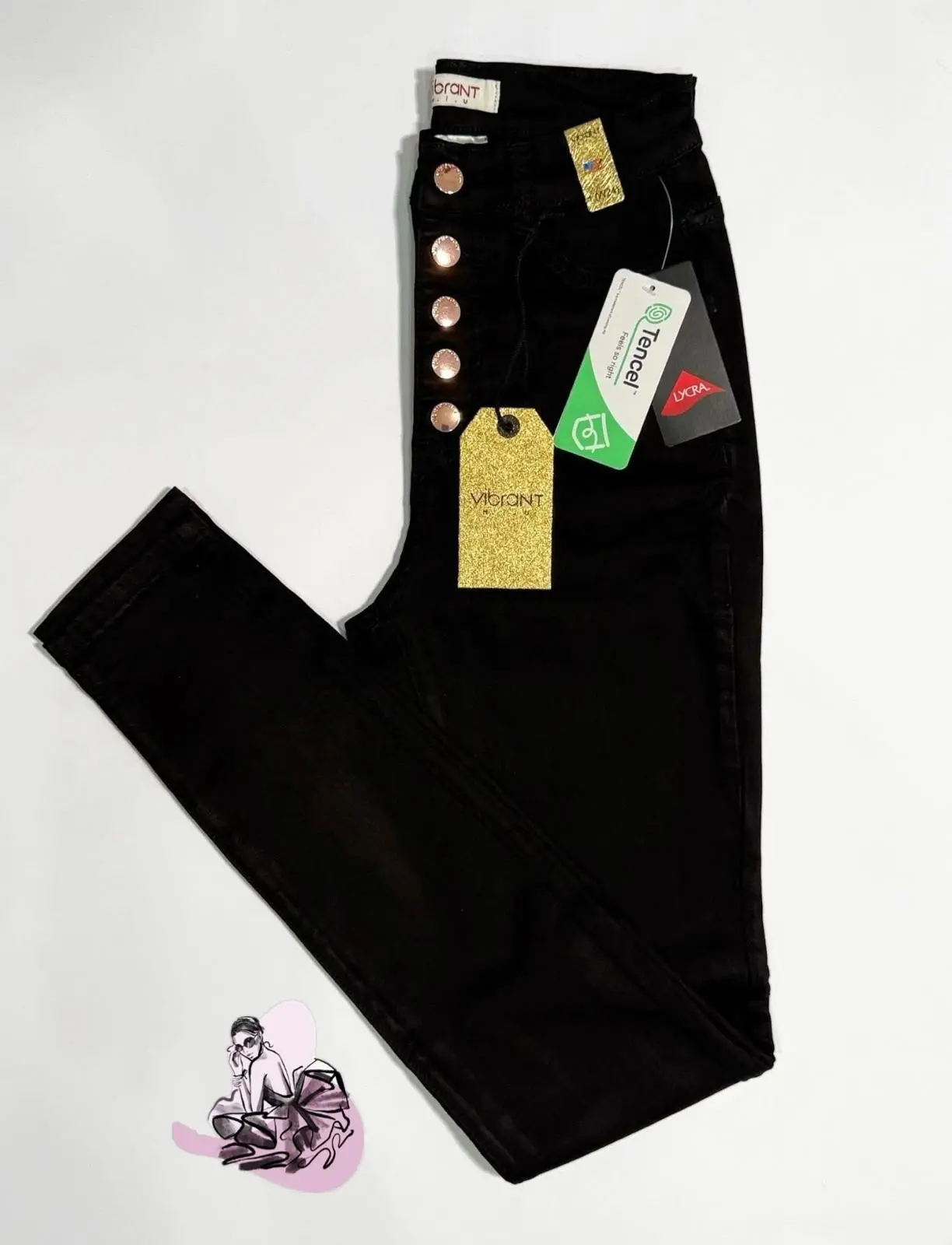 Vibrant negro skinny de 5 broches ,tiro alto ,  súper strech