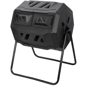Segawe Dual Chamber Composter Tumbler 43Gal Rotating Outdoor Compost Bin with Gloves, BPA Free, Steel Frame for Backyard, Garden, Black/Green