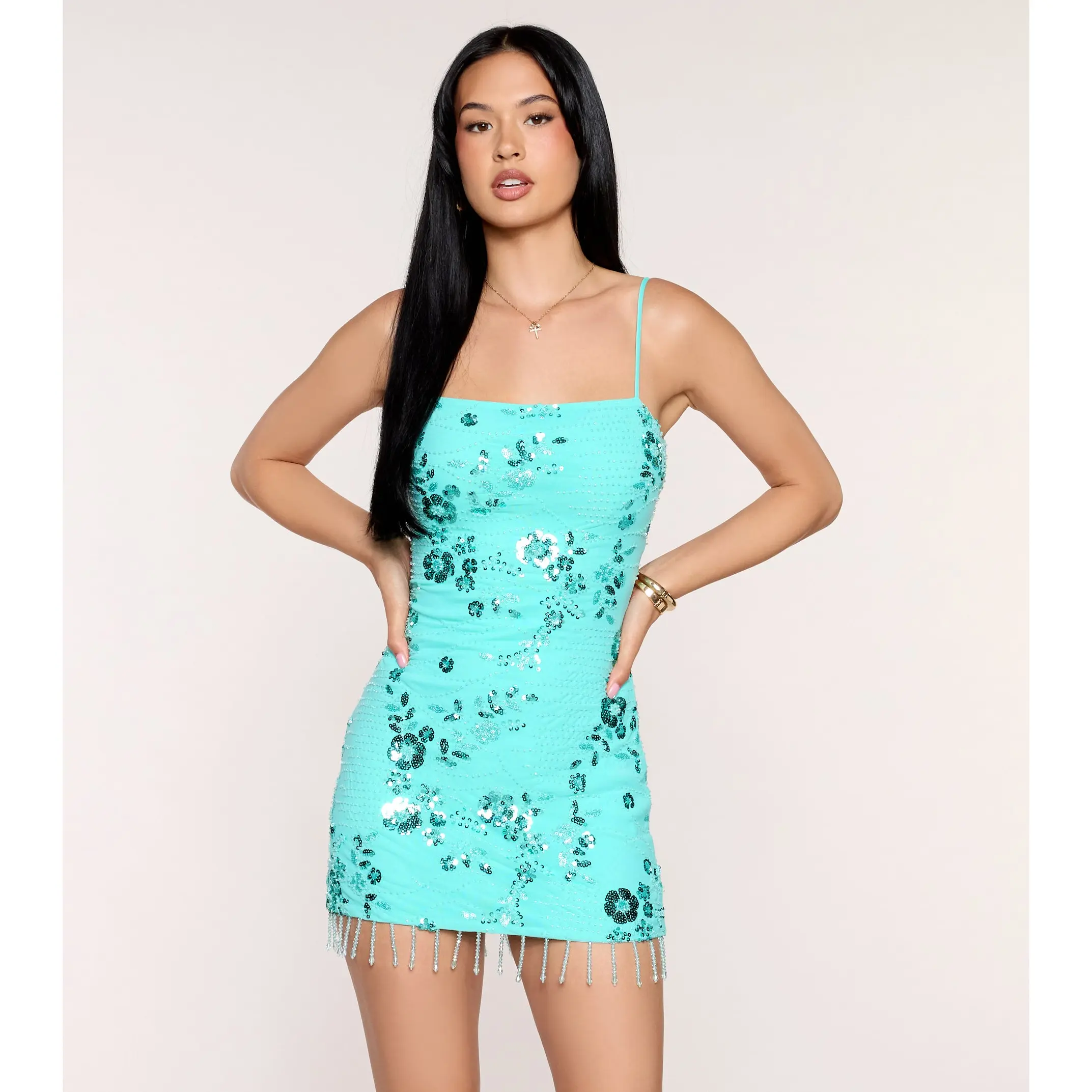 Party Glow Floral Sequin Beaded Mini Dress
