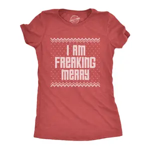 Womens I Am Freaking Merry T Shirt Funny Christmas Spirit Holiday Party Graphic Tee Funny Womens T Shirts Cute Vintage Fashion Casual Ladies T-Shirt Gift Christmas Tops for Women Women's Novelty Tees Red