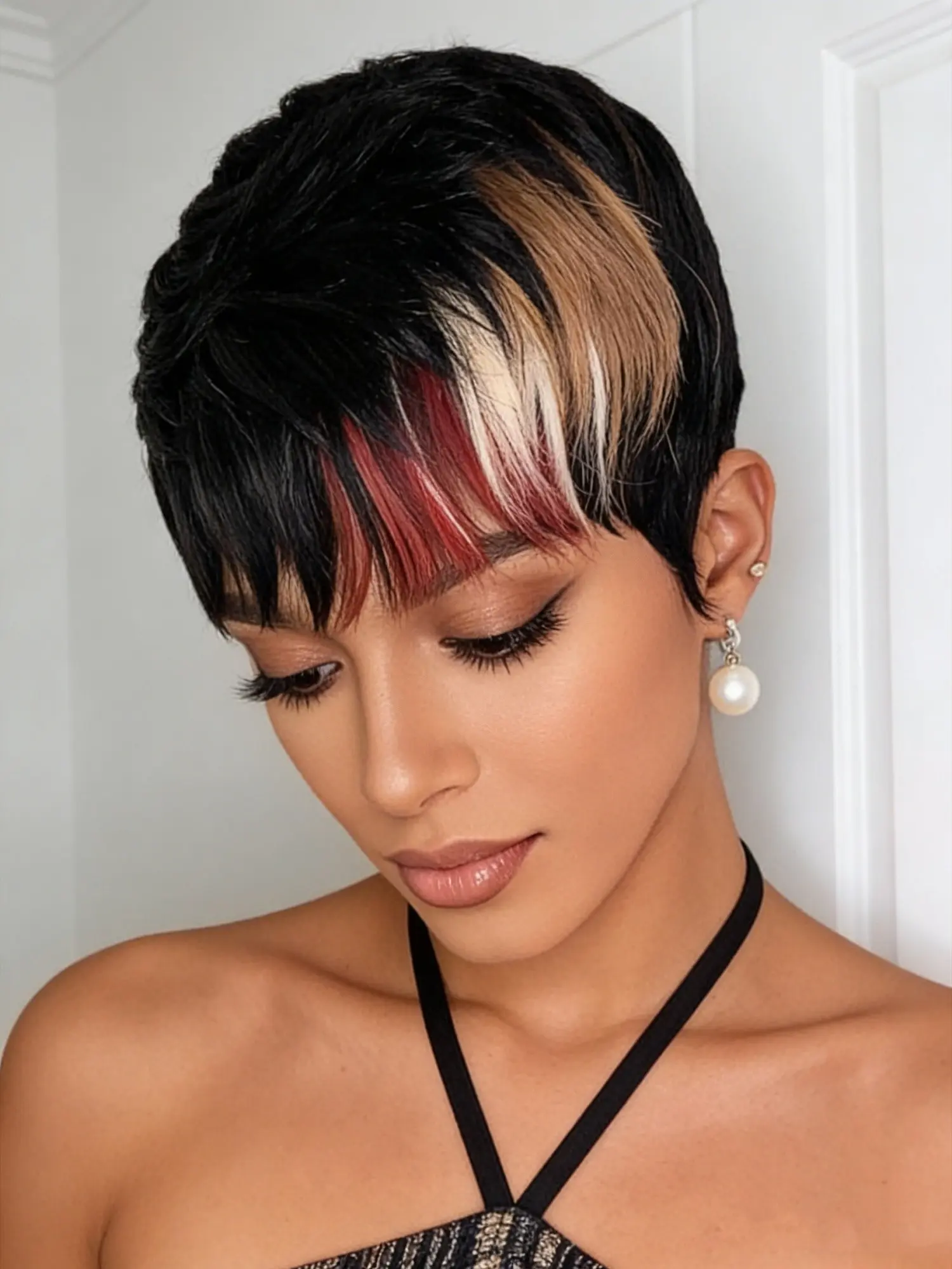 Multi-color Glueless Full Machine Made Human Hair Short Straight Layered Pixie Cut Wig with Bangs Glueless Human Wigs