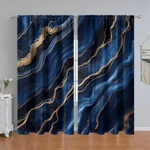 2Pcs Abstract Blue Gold Marble Pattern Printed Curtains, Rod Pocket Style, Semi Sunshade Polyester Fiber, Home Textile, Suitable for Home Living Room, Bedroom, Balcony, Kitchen, Study and Shower Window Decoration, Accessory, Anti Privacy.