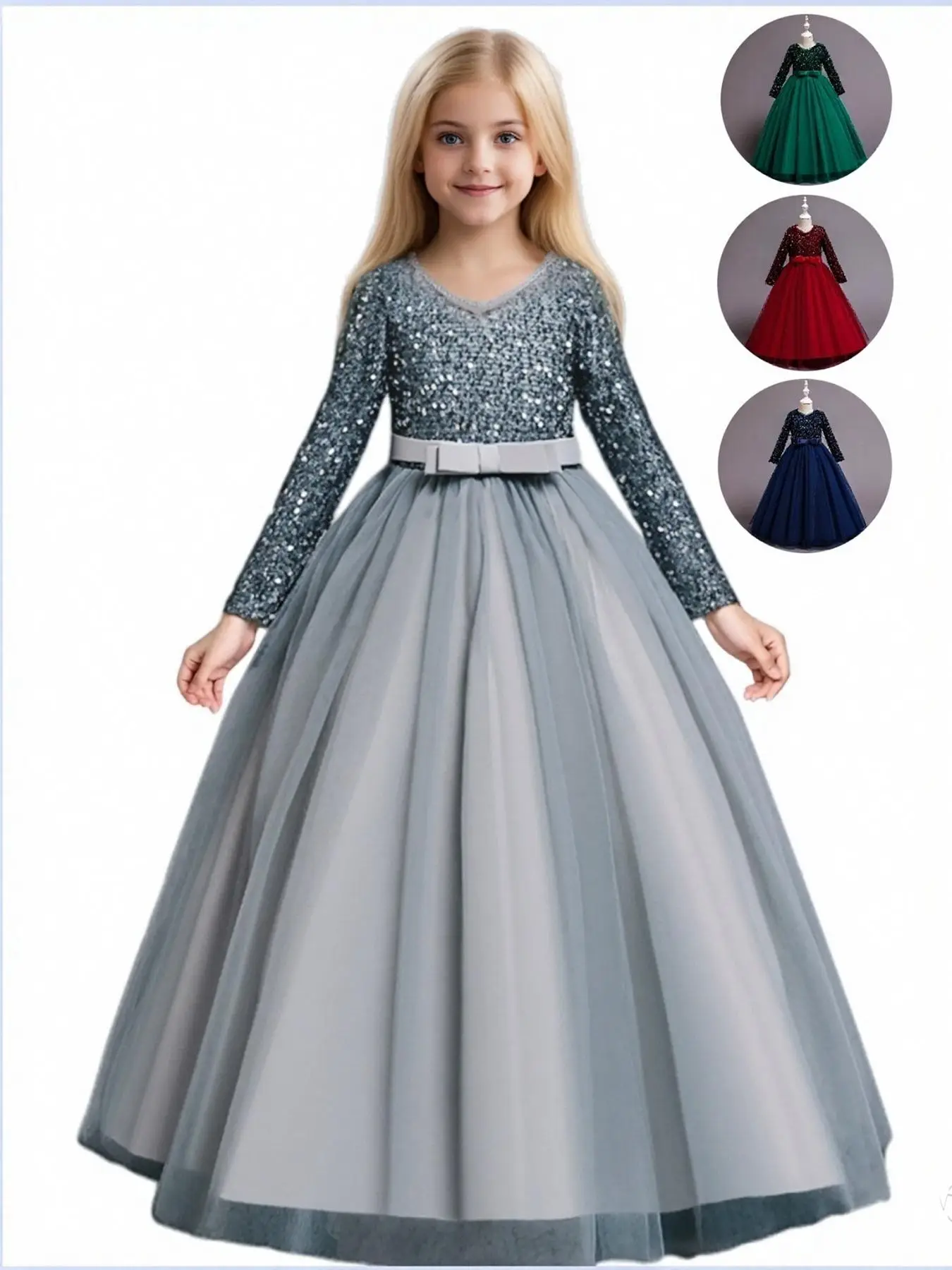 Girl's Contrast Sequin Bow Decor Tulle Dress, Elegant Long Sleeve Zipper Back Party Gown, Kids Clothes for All Seasons